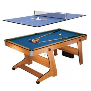 6ft Vertical Folding 3 in 1 Pool Table with Table Tennis Top Blue Cloth/ Beech Finish