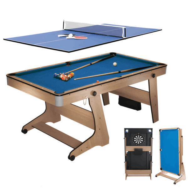 6ft Vertical Folding 3 in 1 Pool Table with Table Tennis Top Blue Cloth/ Beech Finish