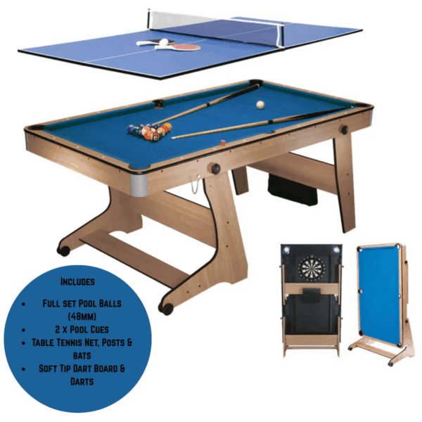 6ft Vertical Folding 3 in 1 Pool Table with Table Tennis Top Blue Cloth/ Beech Finish