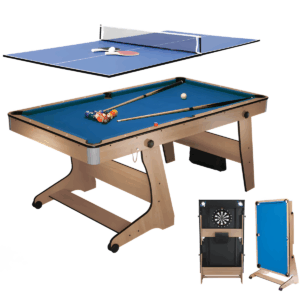 6ft Vertical Folding 3 in 1 Pool Table with Table Tennis Top Blue Cloth/ Beech Finish