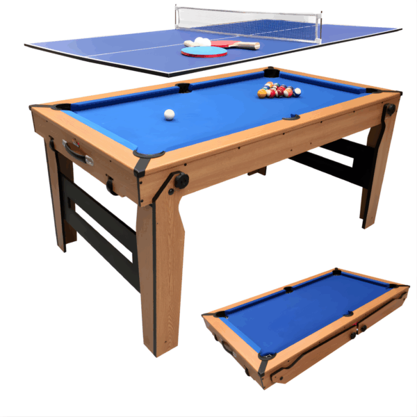 5ft Folding 2 in 1 Pool Table with Table Tennis Top with Blue Cloth/Oak Finish